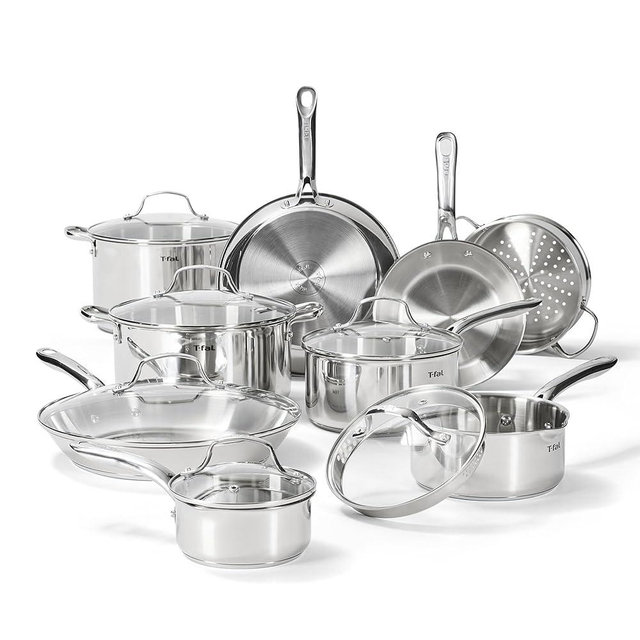 T-fal Gourmet 15-Piece Stainless Steel Cookware Set, Pots and Pans Cooking Set, Dishwasher Safe, Oven Safe to 500°F, Induction Compatible, Stock Pot, Sauce, Saute, Frying Pans, Silver