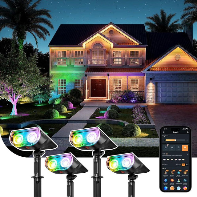 Linkind Smart Solar Spot Lights Outdoor SL5C, Solar Spotlight Waterproof Color Changing APP/Voice Control Landscape Lighting, IP67 Outdoor Lights for Yard, Garden, Pathway(4 Pack)