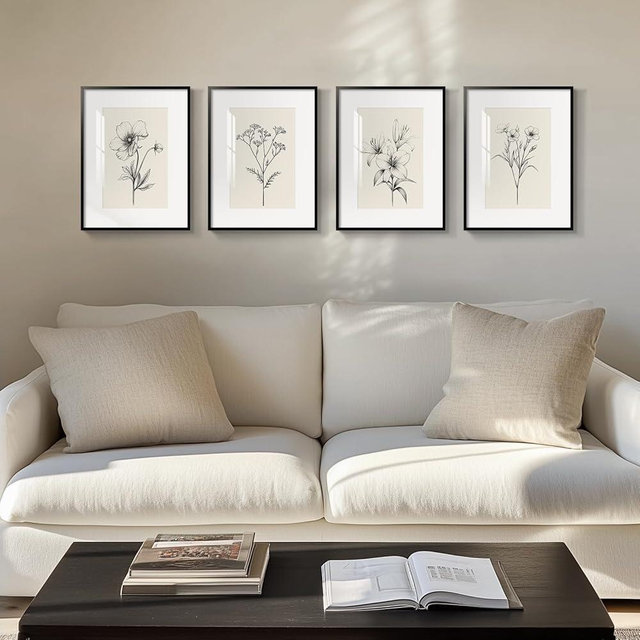 Framed Black and White Floral Wall Art for Living Room, Set of 4 Farmhouse Vintage Botanical Painting Print Wall Decor, Minimalist Rustic Artwork for Bedroom Bathroom Hallway Kitchen Walls, 12x16 Inch