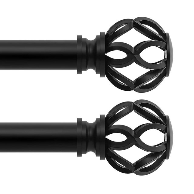 TVWOO Black Decorative Farmhouse Curtain Rods 2Pack:18-45" Adjustable Heavy Duty Single Window Curtain Rod for Bedroom Living Room,Black Boho Rustic Drapery Rods with Vintage Twist Finial Easy Install