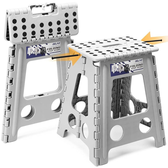 Delxo 16 Inch Folding Step Stool,Foldable Stool for Adults,Portable Collapsible Plastic Stepstool,Non Slip Folding Stools for Kitchen Bathroom Bedroom Garden Up to 400LBS,(Grey 1PC)