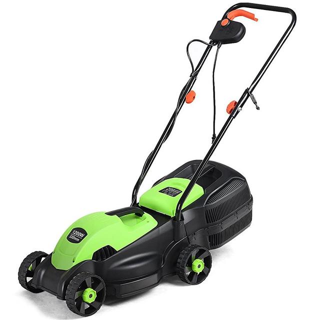 Goplus Lawn Mowers, 14 Inch 12 Amp 2-in-1 Electric Lawn Mower with Grass Bag, Folding Handle, Height Adjustment, Push Corded Lawn Mower (Green)