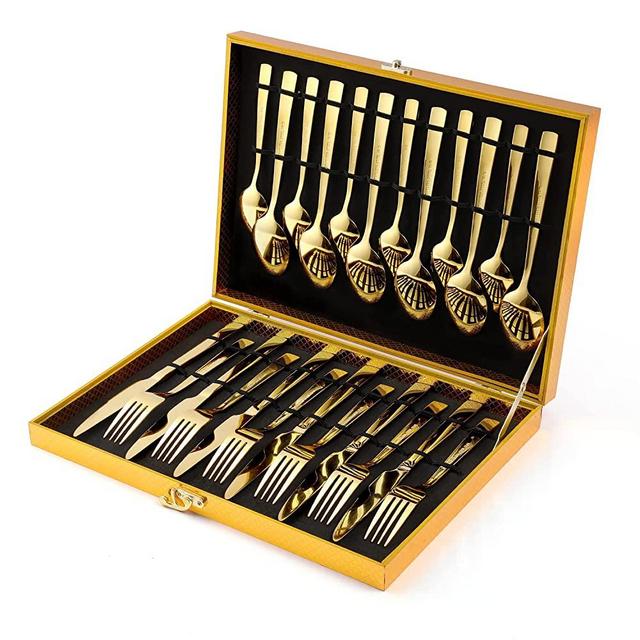Gold Silverware Set, OGORI 24-Pieces Gold Forged Stainless Steel Flatware Set Square handle, Service of 6