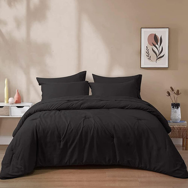 PHF Ultra Soft Comforter Sets Queen-7 Pieces Bed in A Bag Comforter & Sheet Set-Comfy Cozy Bedding Set Include Comforter, Pillow Shams, Flat Sheet, Fitted Sheet and Pillowcase, Black