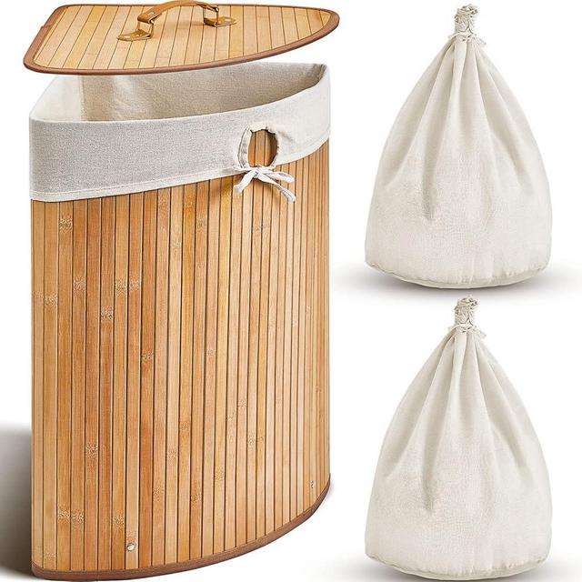 Corner Bamboo Laundry Hamper with Lid and Removable Liner Bamboo Laundry Basket with Handle Corner Hamper Bamboo Hamper Washing Clothes Basket Storage Bin for Bedroom Bathroom Laundry Room (Carbon)