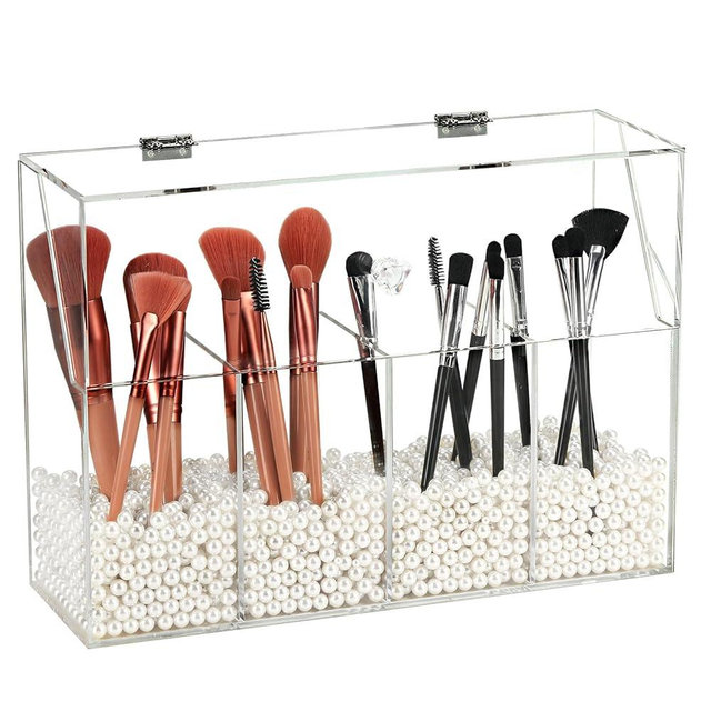 Vevitts Acrylic Makeup Organizer, Clear Cosmetic Brush Storage Box With 4 Brush Holders (Pearl not included),Makeup Brush Holder with Dust Cover, Large-capacity Split Design Organize the Desktop