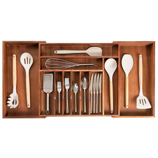 KitchenEdge Premium Silverware, Flatware and Utensil Organizer for Kitchen Drawers, Food-Safe Contract Grade, Expandable from 18 to 33 In, Natural Acacia
