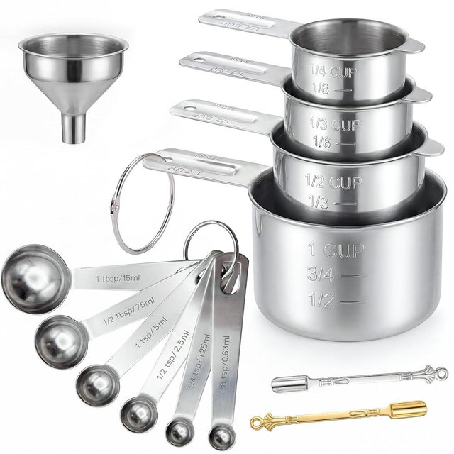 13PCS Measuring Cups and Spoons Set, Premium Heavy Duty Steel Measuring Spoons Cups Set with Metric and US Measurements, Set for Measuring Dry and Liquid Ingredients