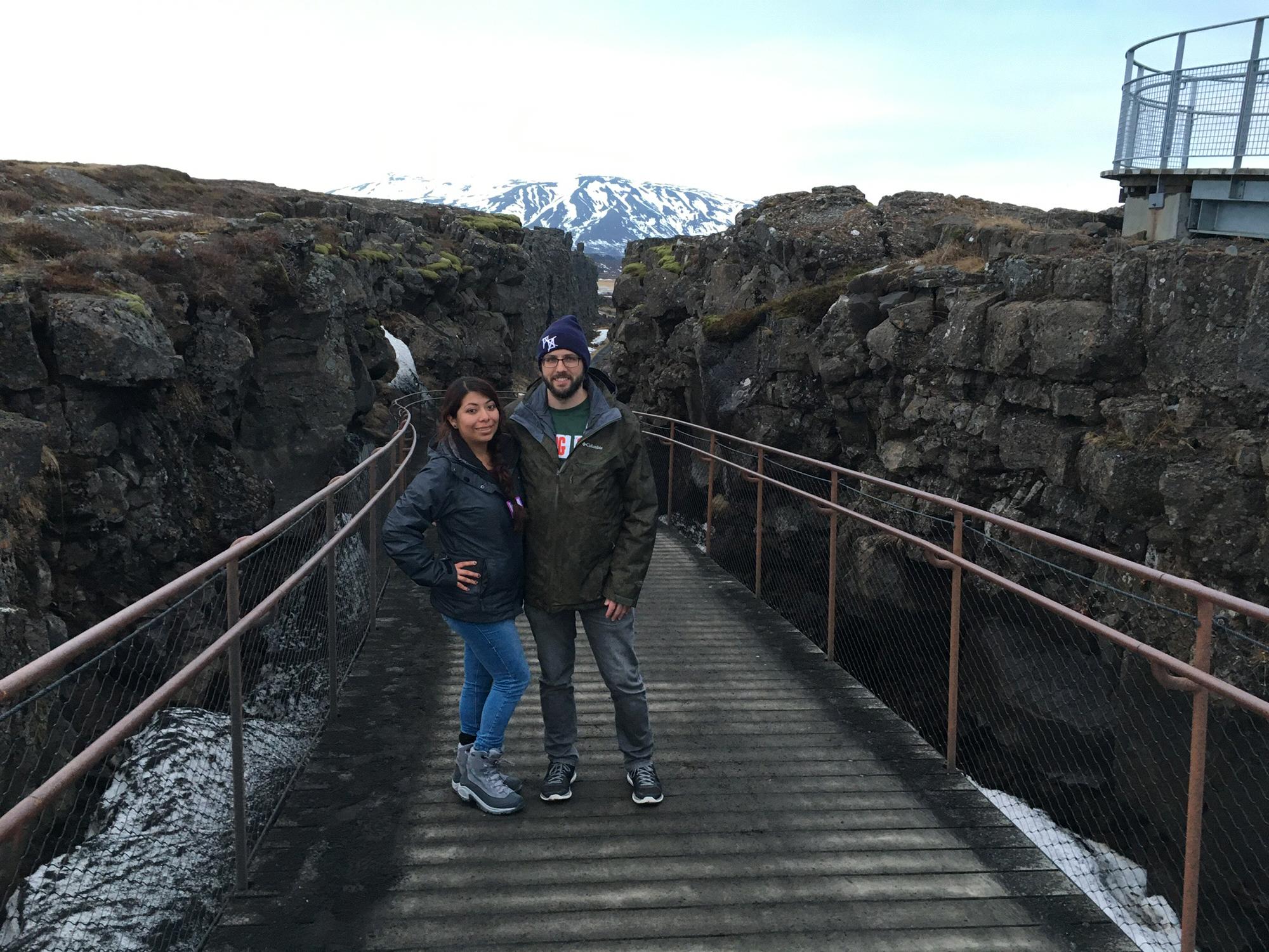 Right between two tectonic plates in Iceland.
