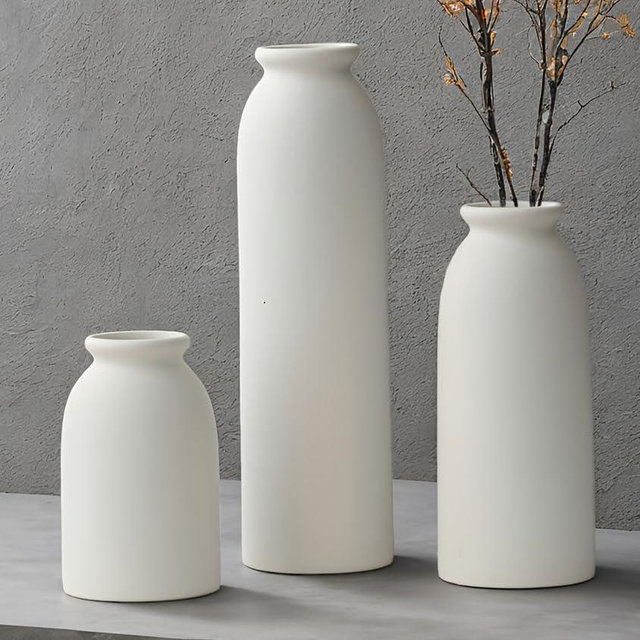 10.6 inches Tall Decorative Ceramic Vase Set, 3 Pieces, Nordic Modern Boho Style, White, for Home Decor (White)