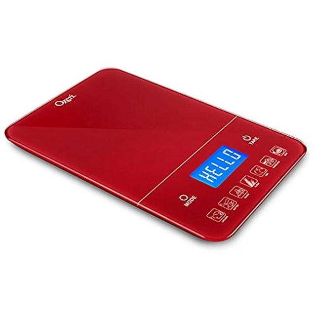 Ozeri Touch III 22 lb (10 kg) Digital Kitchen Scale with Calorie Counter in Tempered Glass, Red Engine