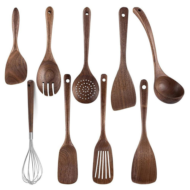 UPTALY 9 pcs Wooden Kitchen Utensils Set, Natural Black Walnut Spoons, Thickened Ladle, Heavy Duty Cooking Shovel, Wood Slotted Spatula Turner, Extra Long Mixing Spoon, Scraper, for Nonstick Pan
