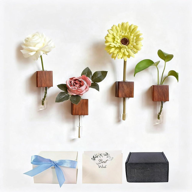GLDFI 4-Piece Magnetic Wooden Vases - Magnetic Wood Blocks with Test Tubes for Refrigerator & Locker Decor | All-in-One Floral Gift Set with Greeting Card for Mom & Teachers (Walnut)