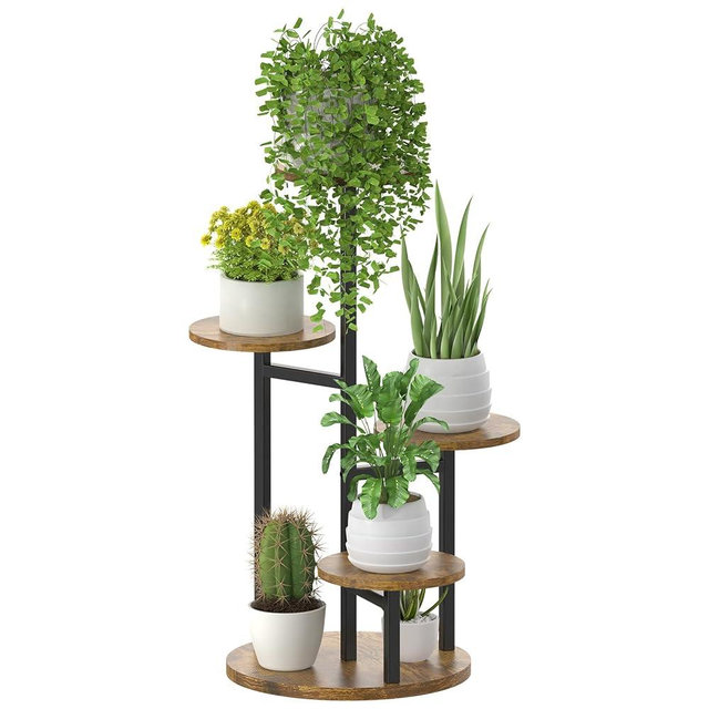 Oppro 5 Tier Plant Stands Indoor Outdoor Tall, Tiered Metal Wood Corner Plant Shelf Clearance for Multiple Plants, Flower Stand Holder Display Rack for Window Living Room Balcony Garden Patio (Round)