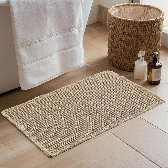 KGORGE Waffle Bath Mat, Non Slip 17" X 24" Farmhouse Ultra Soft Bathroom Rugs for Bathroom Decor, Boho Super Absorbent with Tassels Rubber Backed Shower Mats for Floor Bathtubs, Brown, 1pc