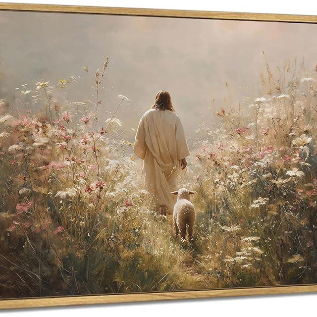 VONFRAENIT Jesus Leaves the 99 Sheep Canvas Wall Art The Lost Sheep Bible Stories Wall Decor Pictures Christian Wildflowers Painting for Bedroom Prayer Room Church Home Decoration
