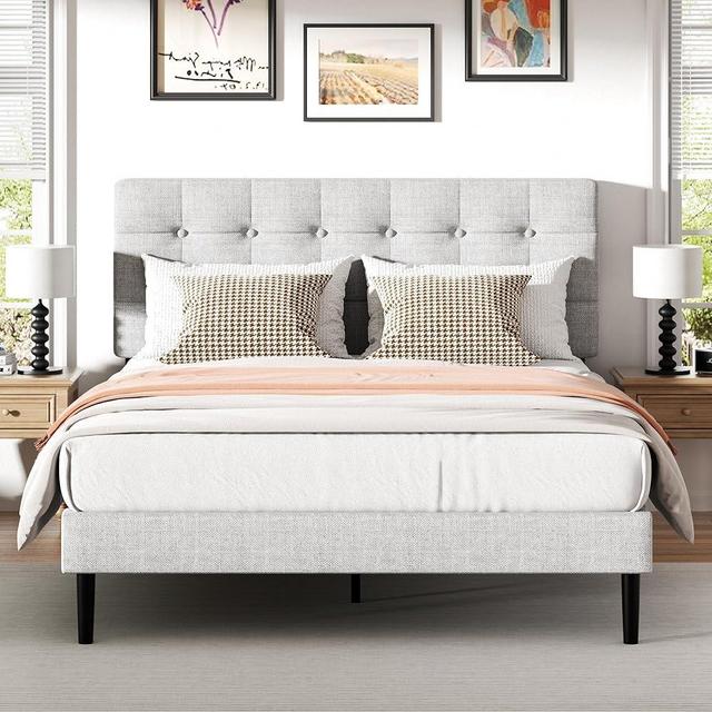 UNIZONE Queen Size Bed Frame with Button Tufted Upholstered Headboard, Velvet Platform Bed with Wood Slats Support, Mattress Foundation, No Box Spring Needed, Easy Assembly, Light Grey