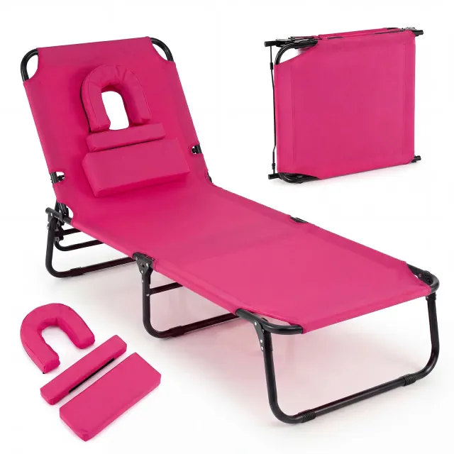 Costway Beach Chaise Lounge Chair with Face Hole Pillows & 4-Position Adjustable Backrest Pink