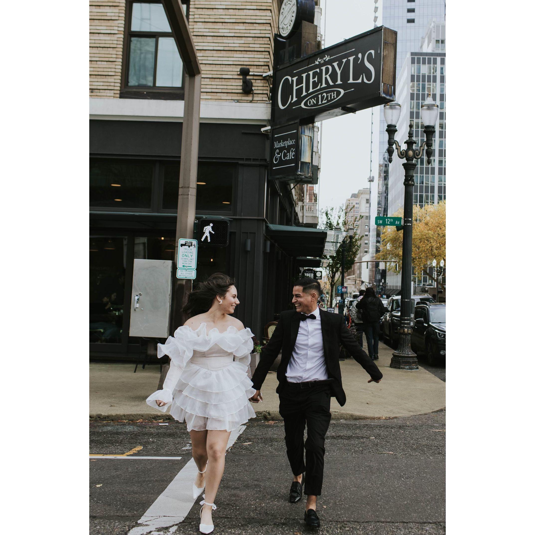 We were so excited for this picture because we randomly ended walking by our wedding caterers.