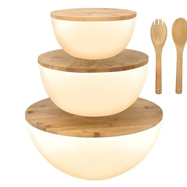 Salad Bowl Set with Lids, Bamboo Fiber Serving Bowls with Cutting Board Lids - Bowls for Kitchen - Preparing & Serving Fruits, Veggies, Chips, Dips & More, Mixing Bowl Set with Serving Utensils
