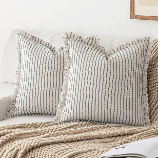 YEENAASY Striped Farmhouse Throw Pillow Covers 20X20 Set of 2 Boho Pillow Cover with Fringe Tassel Chic Cotton Decorative Pillows Modern Neutral Square Cushion Pillowcase for Sofa Couch Bed, Grey
