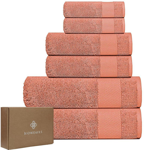 BIOWEAVES 100% Organic Cotton 6-Piece Luxury Bathroom Towels Set GOTS Certified 700 GSM, 2 Bath Towels, 2 Hand Towels & 2 Wash Cloths - Burnt Orange