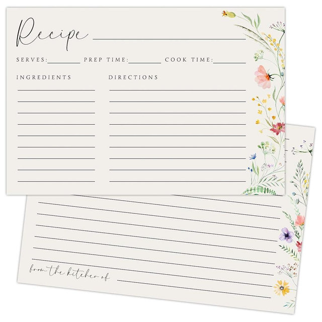 JOETMAE 50PCS Wildflower Recipe Cards,4×6 In Double Sided Cards,Blank Recipe Card for Wedding, Bridal Shower and Baby Shower