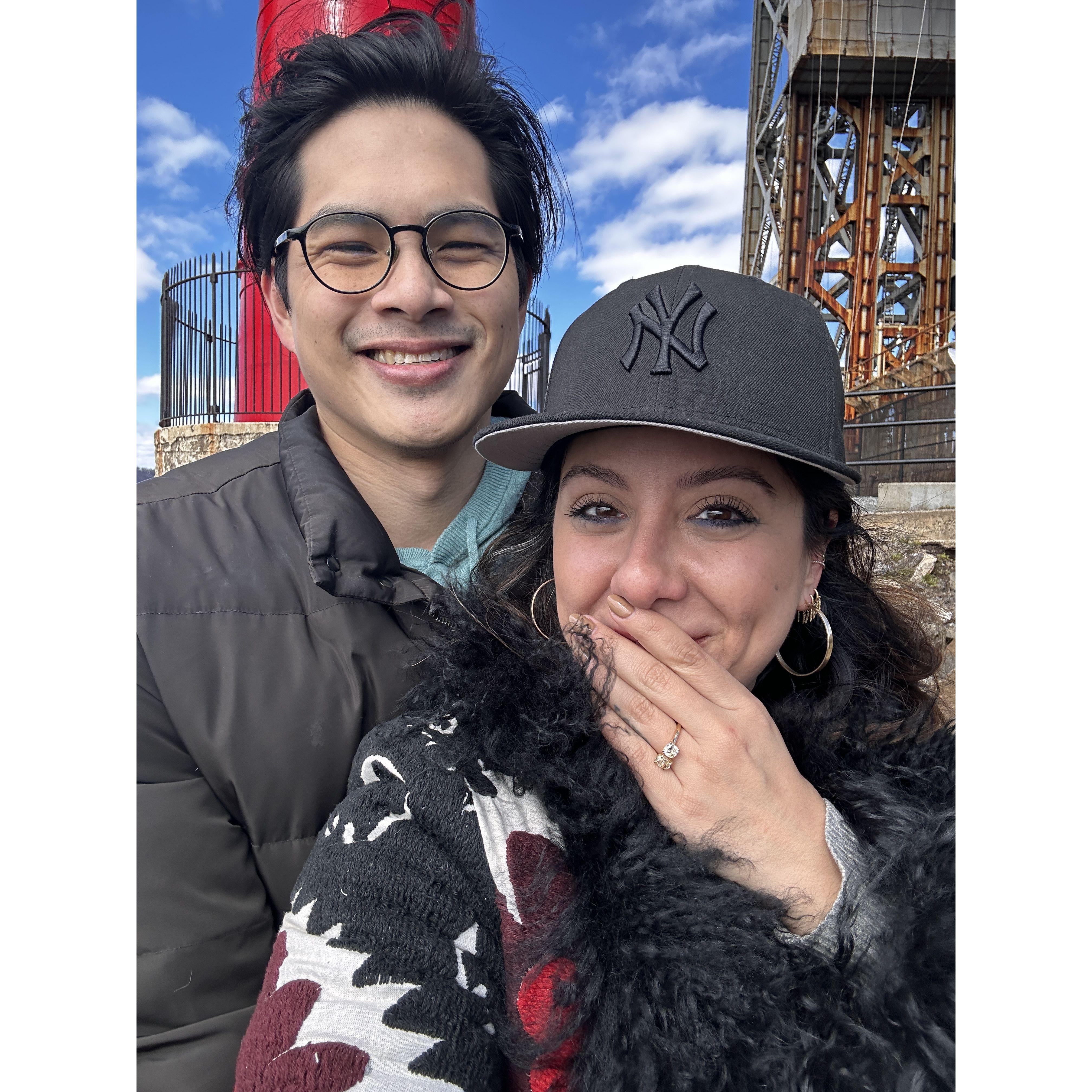 Seconds after Alan asked Vanessa to marry him at the Little Red Lighthouse in Fort Washington Park, NYC