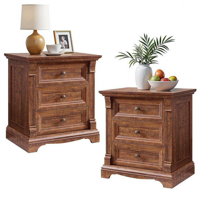 T4TREAM Farmhouse Nightstand Set of 2, 23.6" End Table with 3 Drawers Storage, Wood Side Table w/Roman Column, End Tables Living Room Set of 2, Bedside Cabinet for Bedroom, Reclaimed Barnwood