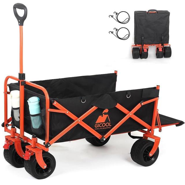 GICOOL Collapsible Heavy Duty Wagon Cart with Big Wheels & Brake, Large Capacity Folding Utility Wagon Cart, for Pet Sand Outdoor Camping Garden Works Shopping, with Two Elastic Ropes