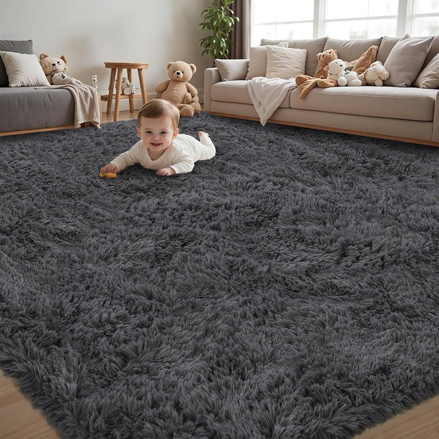 8x10 Area Rug for Living Room:Ultra Soft Fluffy Shag Dark Grey Rugs,Large Fuzzy Plush Indoor Non Slip Carpet Washable Rug for Bedroom Kids Nursery Office Dorm Modern Decor(Dark Grey 8'x10')