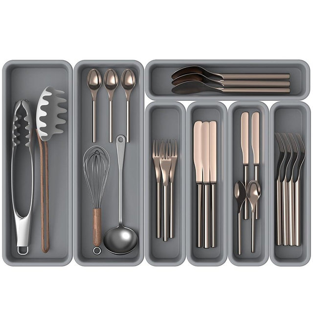 7 Pack Silicone Silverware Drawer Organizer, DIY Free Combination Kitchen Drawer Organizer, Utensil Organizer, Moisture-proof and Heat-resistant up to 200°C, Anti-slip and Environmentally (Grey)