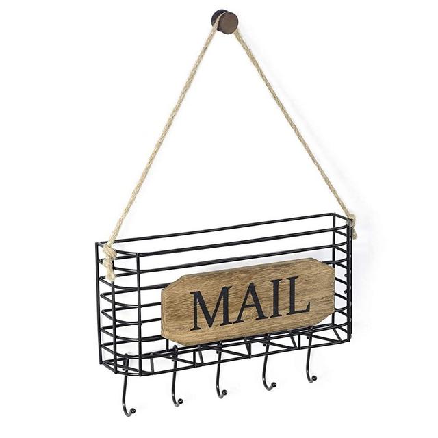SRIWATANA Mail Key Holder, Mail Organizer Wall Mount, Small Size Hanging Mail Letter Basket with 5 Hooks