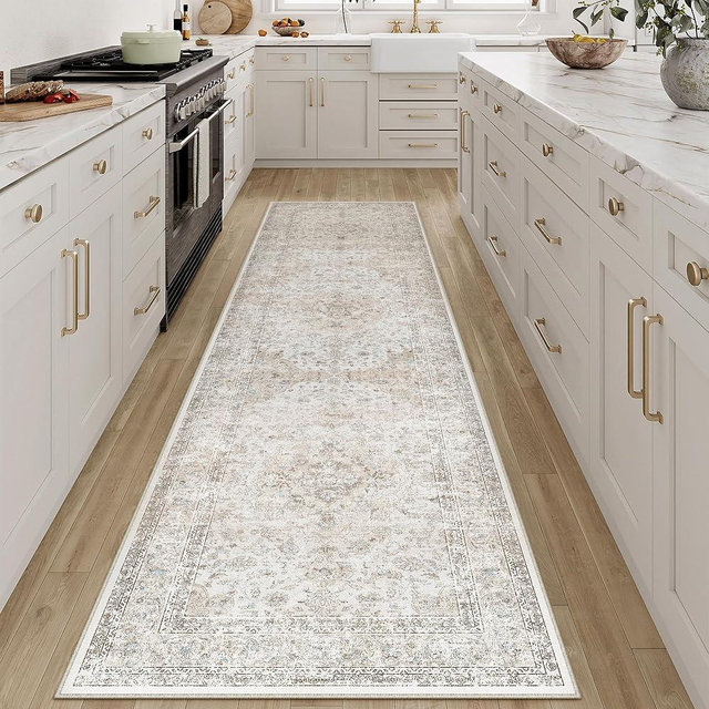 WondRg 2.6x8 Washable Vintage Runner Rug for Living Room Bedroom Beige Grey Soft Tranditional Non Slip Runner Rug Lightweight Floral Low Pile Distressed Carpet Hallway Kitchen Bedroom