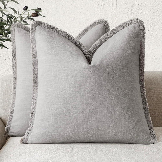 Foindtower Set of 2 Decorative Linen Fringe Throw Pillow Covers Cozy Farmhouse Cushion Cover with Tassels Accent Pillowcase for Couch Chair Sofa Bed Living Room Home Decor,24×24 Inch,Light Rustic Gray