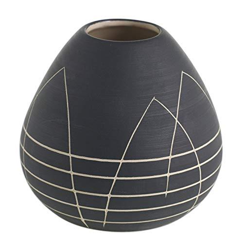 Black Round Bud Vase w/ Etched White Design - 4 x 4 Inches - Everlane Short Matte Pot w/ Geometric Pattern - Global and Modern Vase Decor for Home or Office
