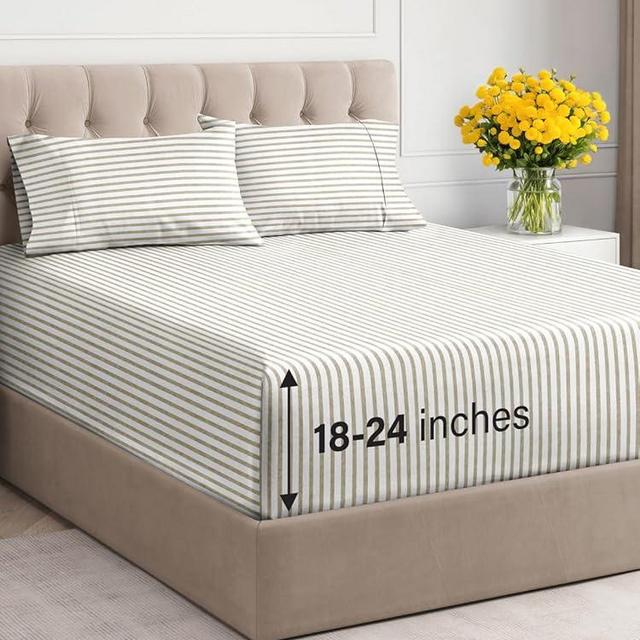 Extra Deep Pocket King Sheets - 4 Piece Breathable & Cooling Bed Sheets - Hotel Luxury Bed Sheet Set - Soft, Wrinkle Free & Comfy - Easily Fits Extra Deep Mattresses - Deep Pocket Beige Striped Sheets