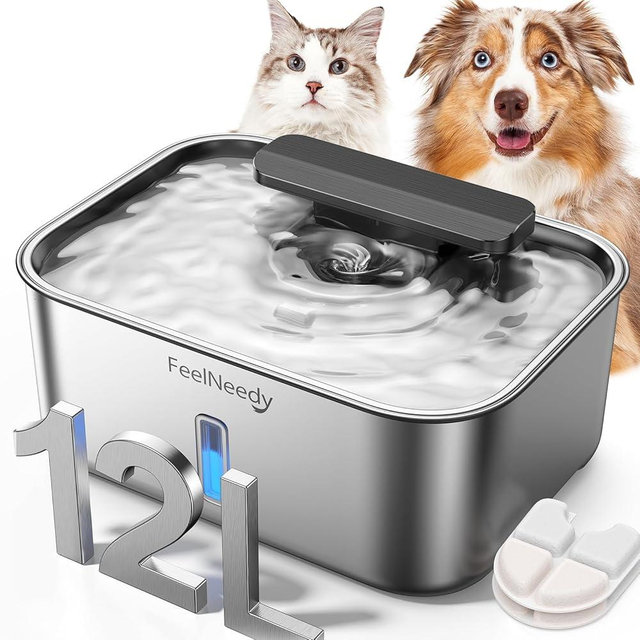 FEELNEEDY 3 Gal Stainless Steel Dog Water Fountain for Large Dog, Pet Water Fountain, Dog Water Bowl Dispenser with Water Level Window, Super Quiet for S-L Dogs and Multi-Pet, Easy to Clean(FN-W13)