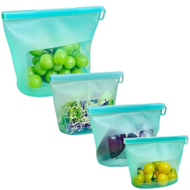 Reusable Silicone Food Storage Bags (Set of 4), Dishwasher Oven Microwave Freezer Safe, Eco-Friendly Leakproof Sous Vide Bags, Premium Lunch Containers, 1 Snack 2 Sandwich 1 Half Gallon, Mint