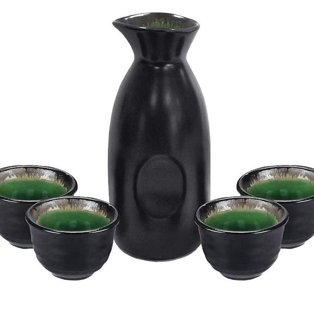 Sake Set Black Japanese 5 Pieces Traditional Japanese Sake Cup Set Hand Painted Design Porcelain Pottery Ceramic Cups Crafts Wine Glasses Gifts (Sake Pot 280 ml and Sake Cup 50ml)