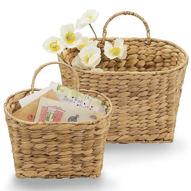 Set of 2 Wicker Hanging Basket for Organizing, Front Door, Mail, Flowers - Woven Wall Baskets for Storage