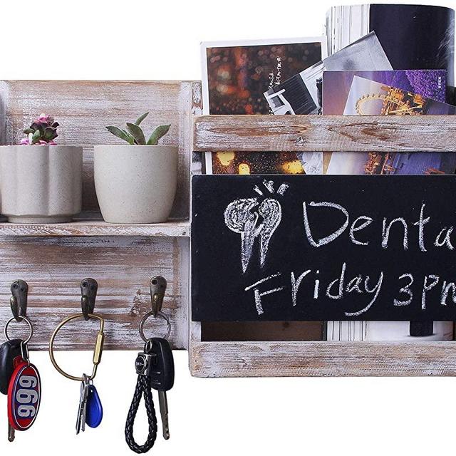 IBWell - Screws are Right, Easy to Install- Wall Mount Entryway Mail Organizer with Chalkboard , Key Hooks, Leash Hanging, Country Rustic Torched Wood-Grey, Home Decorative Floating Shelf