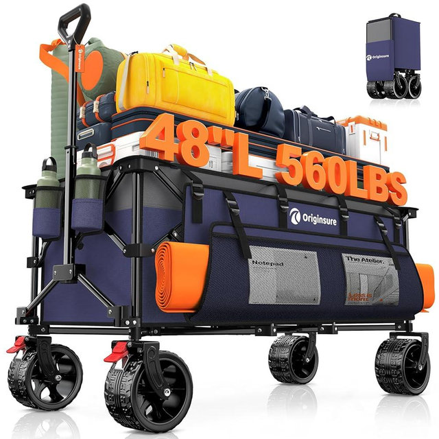 48" L Collapsible Wagon Cart Foldable, 560lbs Weight Capacity 300L Heavy Duty Folding Beach Wagons with Big All-Terrain Wheels, Utility Carts for Groceries, Shopping, Camping, Sports - Grey&Purple