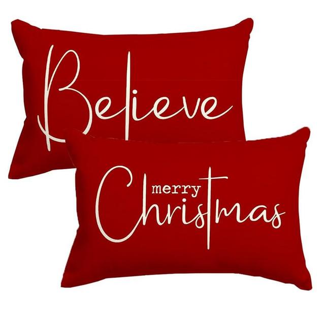 RABUSOFA Christmas Pillow Covers 12x20 Set of 2,Merry Christmas Believe Decorations Pillows Decorative Throw Pillow Cases,Red Xmas Lumbar Cushion Covers for Winter Holiday Home Couch