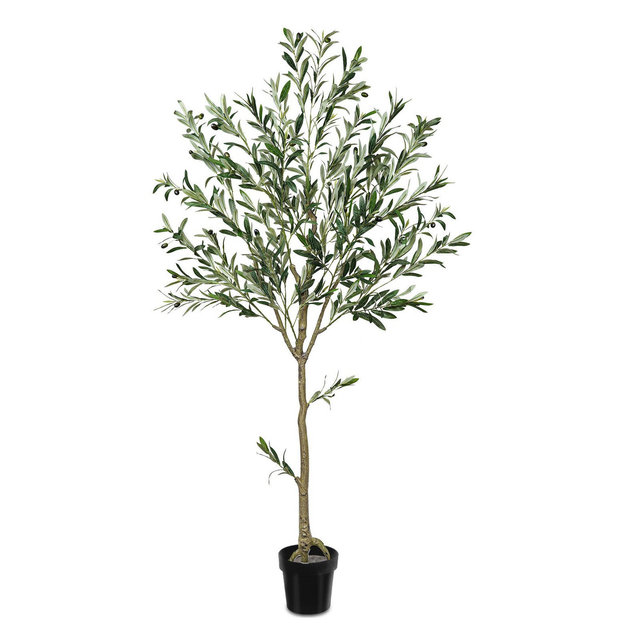 6ft Artificial Olive Tree with Natural Wood Trunk and Lifelike Fruits and Moss in Black Pot for Home Office Decor