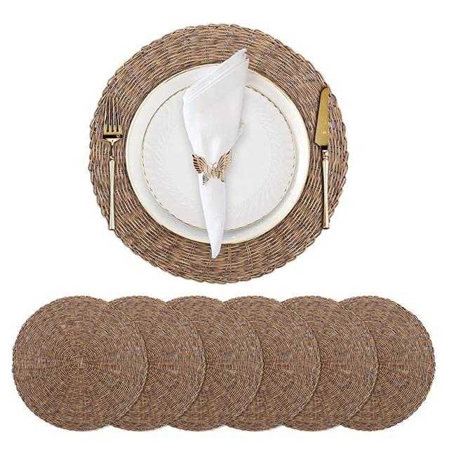 Placemats Set of 6 Round Woven Table Mat 15in Natural Wicker Charger Heat Resistant Rattan Place Mat Thick Rustic Hand-Braided for Kitchen Dining Table Wedding Restaurant Farmhouse Decoration Brown