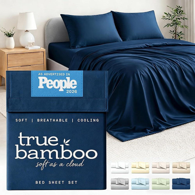 TRUE BAMBOO Sheets Set King Size - Silky Soft & Naturally Cooling for Hot Sleepers - Luxe 4 Piece Bed Sheets with Breathable & Moisture-Wicking Fabric - 16" Deep Pocket with Corner Straps, Dark Blue