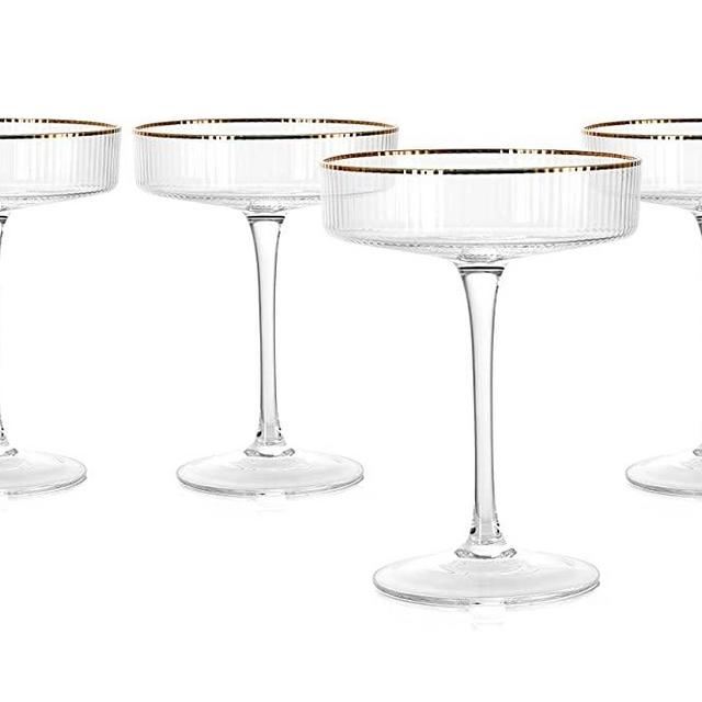 The Wine Savant Vintage Art Deco Colored Coupe Glasses with Stems (Gold rim, Pack of 4)