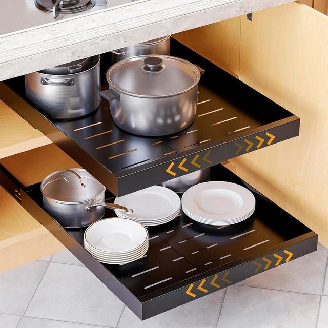 SpaceAid Pull Out Cabinet Organizer, 1 Pack Expandable (11.8"-19.6") Heavy Duty Pull-Out Drawer for Cabinets with Adhesive Tape, Kitchen Slide Out Shelves, Roll Out Shelf Storage (Black, 21" Deep)