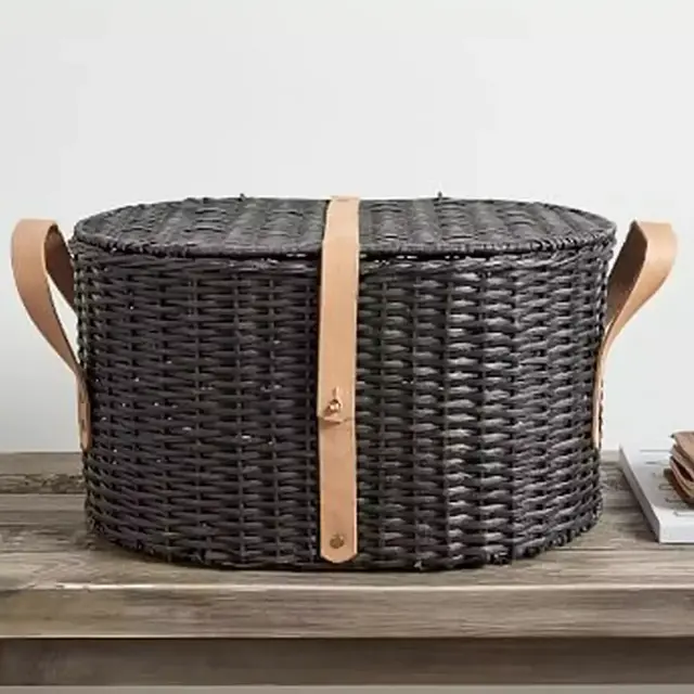 Austin Lidded Basket, Distressed Black